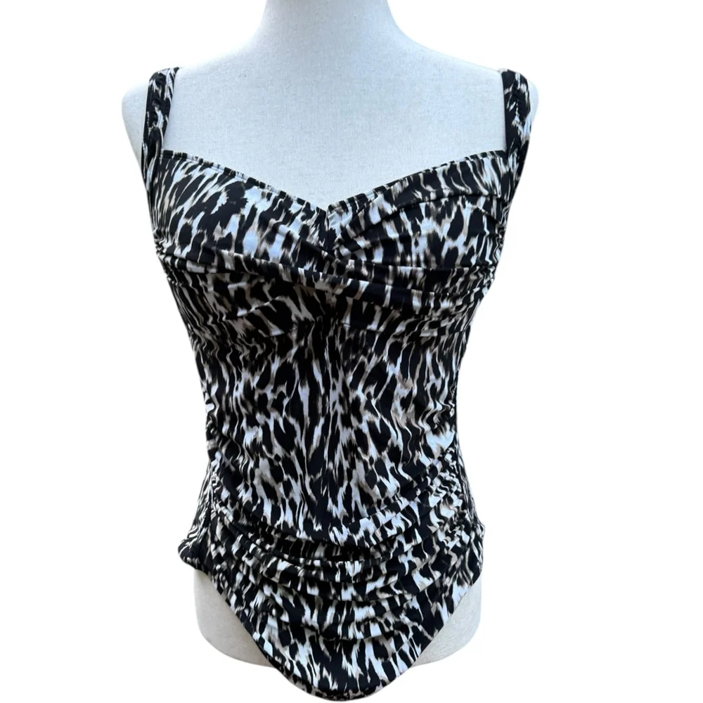 Nip Tuck Swim One Piece Swimsuit US 12 | Black White Ruched Animal Print - Picture 7 of 7